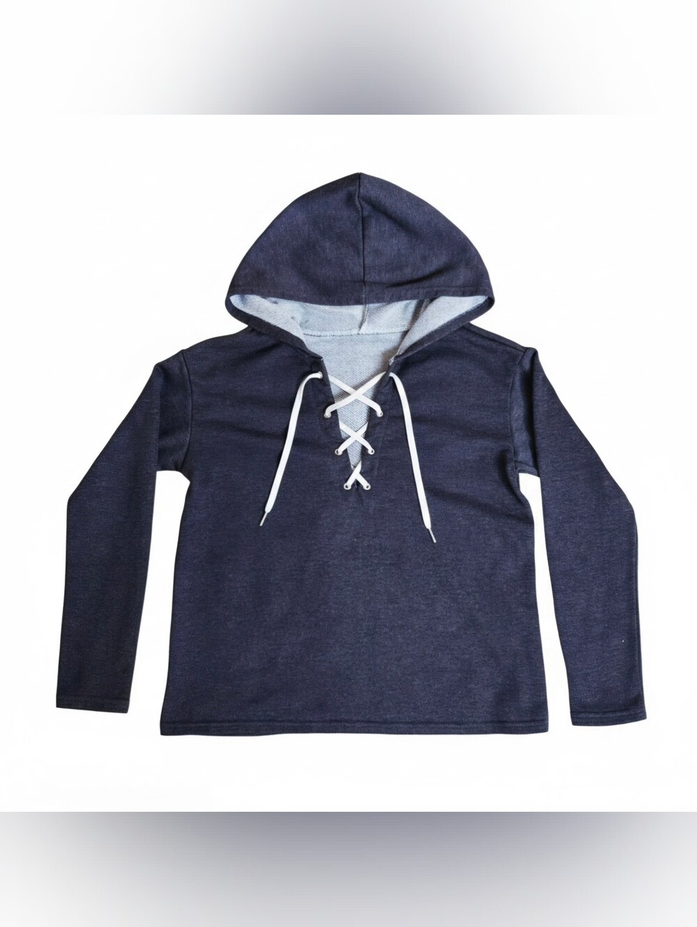 Charcoal Heather Gray Lace Up Hoodie Sweater V Neck Pullover M